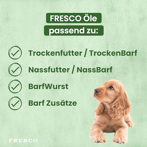 FRESCO Dog Premium Leinöl Hunde 250ml | Kaltgepresstes Omega 3 Öl mit Vitamin E | Natives Barf Öl ohne Zusätze | Abgefüllt in Deutschland