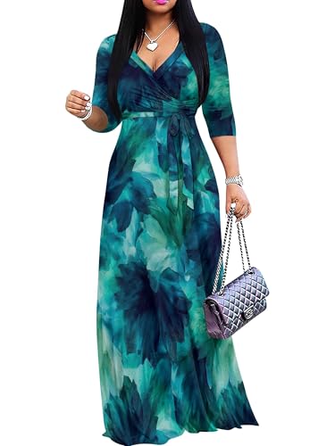Image of Plus Size Maxi Dress for Women V Neck 3 /4 Sleeve Wrap Dress