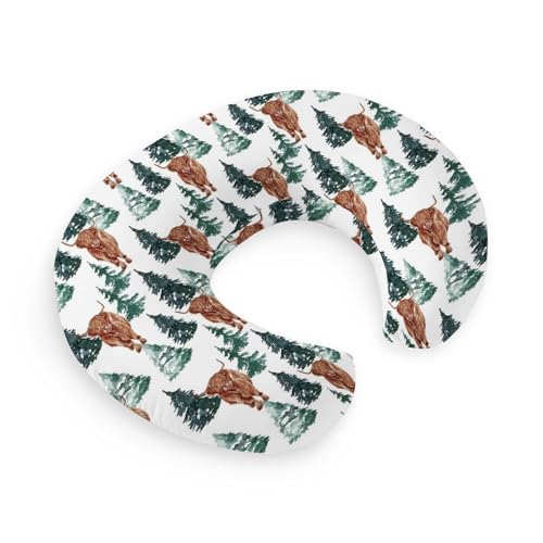 Image of HawSkgFub Highland Cow Pine Tree Western Farm Animal Nursing Pillow Cover for Baby Boy, Winter Christmas Yak Breastfeeding Pillow Slipcover, Nursing Pillowcase for Newborn Infant, Cover Only