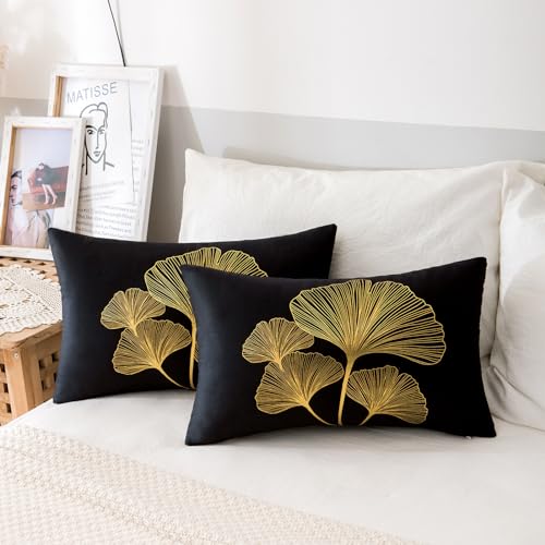 ETOLISHOP Lot de 2 Housse de Coussin Canapé 30x50cm Housse Coussin Noir La grâce Luxueux Velours Housses de Coussin Salon Housses Coussin Ginkgo Biloba Taie...