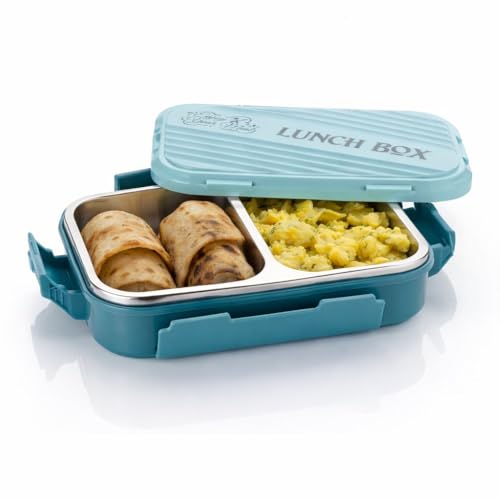 Image of Insulated Stainless Steel Lunch Box with Textured Lid | 3 Compartments | 525ml | BPA Free | Leakproof | Microwave Safe Without Lid | Bento Tiffin Box for Office School Travel (Light Teal, 2)