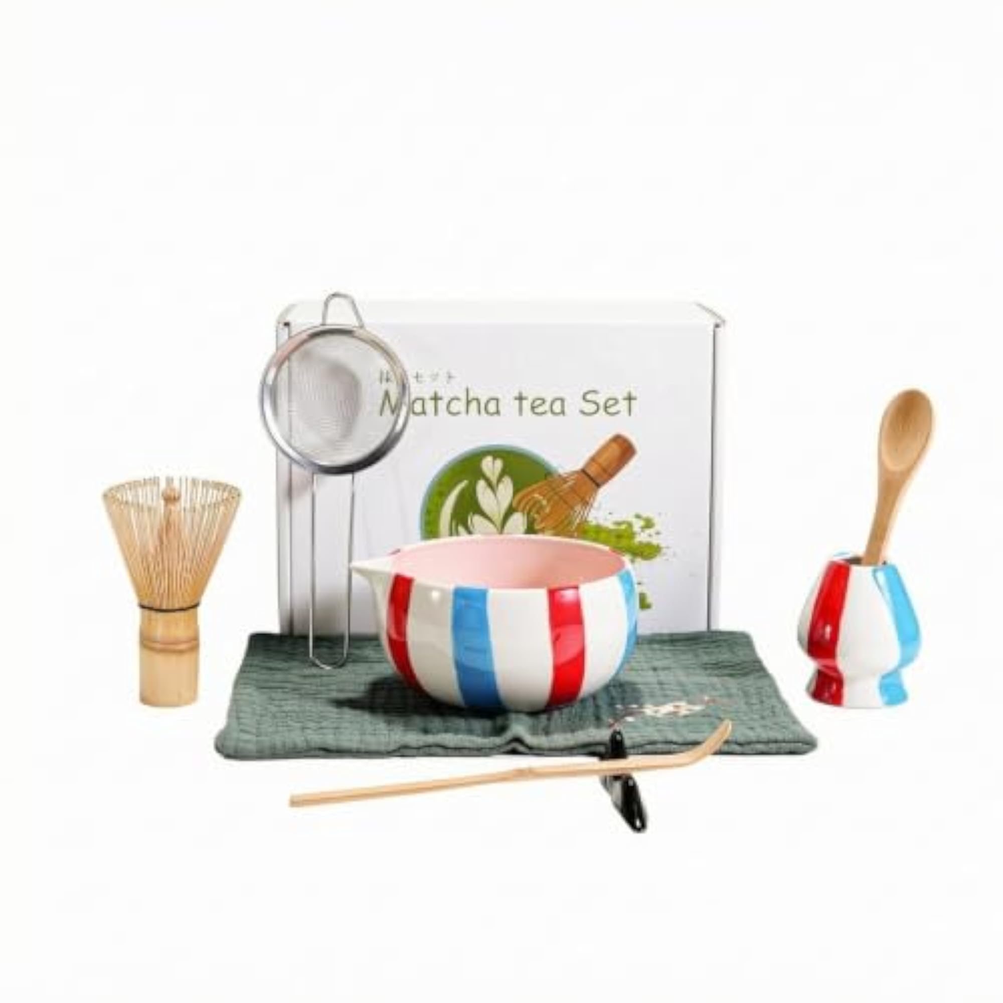 8 Pieces Matcha Whisk Set with Bowl, Glossy Glazed Ceramic