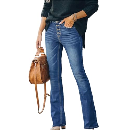 APAY Women's High Waist Flare Jeans – Button Fly Bell Bottom, Slim Fit Bootcut Denim Pants, Vintage Casual Style Dark Blue
