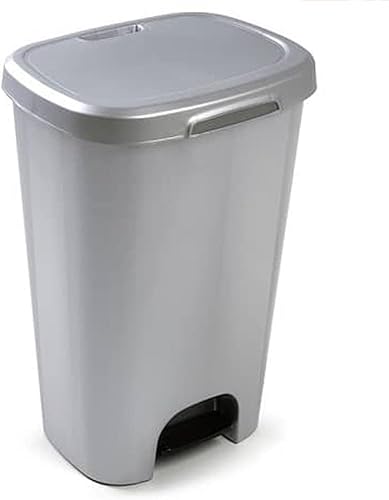 pcmoviles – Cubo de Basura de Plástico con Pedal | 50 Litros | Libre de BPA | Papelera con Apertura de Pedal | Color plata| 63,5 x 41 x 36 cm