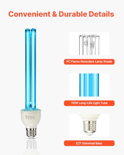 Image of VEVOR Clean Light Bulb, 4 Pack, 25W Replacement Lamp with Ozone, 253.7 nm + 185 nm Wavelength Clean Light Bulb, E27 Universal, for 400 sqft Living Room, Classroom, Office, and Restaurant