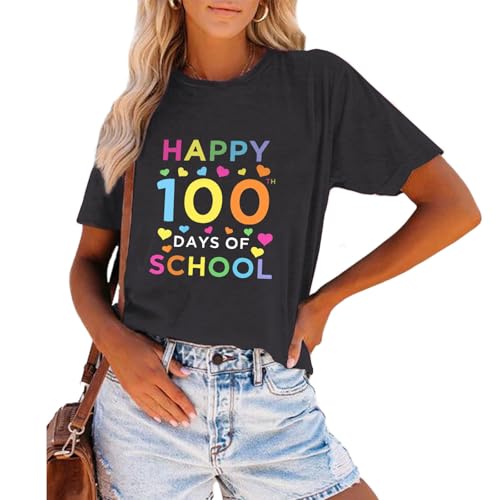 Image of 100th Day of School Shirt for Women Teacher Graphic T-Shirt Funny Teach Short Sleeve Tee Tops