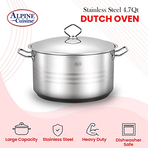 Alpine Cuisine Stainless Steel Pot With Lid 4.7 Quart - Stainless Steel Heavy Duty, Commercial Grade Healthy Cookware Kitchen Dutch Oven, Dishwasher Safe #TOP4