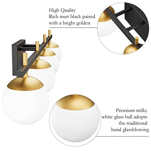 Ralbay Mid Century Modern Vanity Light Fixture 4-Light Milky Glass Modern Bathroom Vanity Lights Over Mirror, Black/Golden Modern Vanity Light For Bathroom (Exclude Bulb) #TOP4