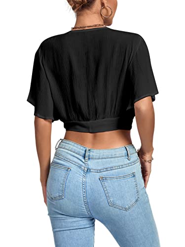 Image of LYANER Women's Sexy Deep V Neck Tie Front Wrap Cropped Blouse Bell Short Sleeve Ruffle Crop Tops