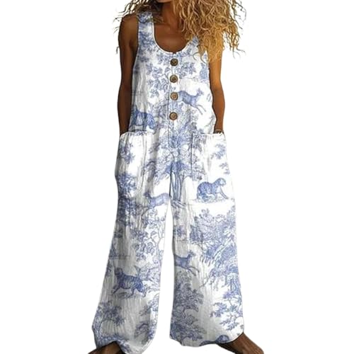Image of Women's Floral Patchwork Linen Overalls Sleeveless Wide Leg Jumpsuit Button Down Pocketed Casual Summer Outfit for Ladies (Blue, XXXL)