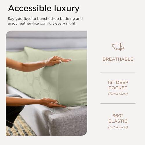 Image of Threadmill 100% Cotton Sheets for Full Size Bed - 600 Thread Count Full Bed Sheets Set with 16 inch Deep Pocket - Jacquard Sateen Weave 4-Piece Bedding Set with Cooling Effect, Sage Green