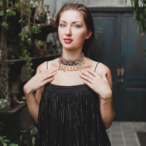 Duel On Jewel Afghan Tribal Kuchi Womens Oxidized Vintage Anrique Handmade Coins Bells Statement Pendant Choker Necklace in Multicolor - Bohemian Belly Dancing Dandiya Jewelry