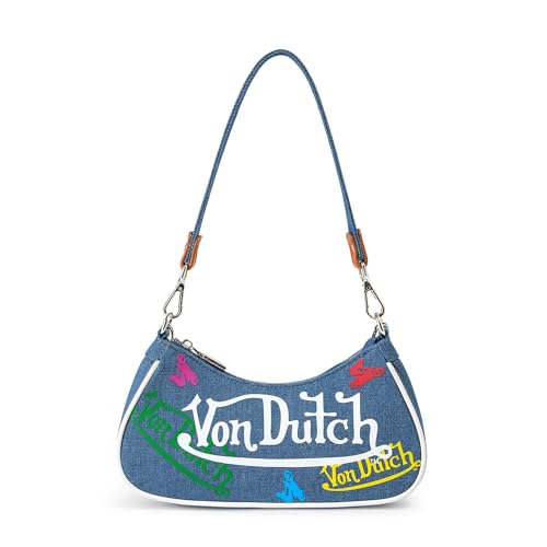 Von Dutch Womens Graphic Shoulder Bag Stylish Handbag with Adjustable Strap Spacious Interior and Iconic Logo Design (Green and Yellow Multi-Logo Denim)