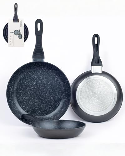 Bavary Juego de sartenes de 3 piezas 20/24/28 cm – Recubrimiento antiadherente de granito – Libre de PFOA y PTFE – Sartén de inducción – Aluminio fundido – Apto para todas las placas de cocción