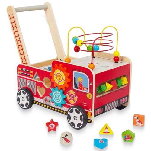 Wooden Baby Walker with Bead Maze for 1 Year Old and up, Wood Push Toy for 12 Month, Toddle Cart with Blocks
