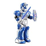 Yarmoshi Walking Robot Toy. Battery Operated Fully Rotating Upper Body, Flexible Arms, Battle Sounds, Removable Shield and Sword, Flashing Lights. Fun Gift For Girls and Boys, 6x3.5x12.4 Inche Age 2+.