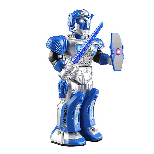 YARMOSHI Walking Robot - Toy with Toy Gun and Firing Sounds. Battery Operated, Has Moving Arms and Flashing Lights. Makes Battle Sounds and Talks. Fun Gift for Girls and Boys Age 3+. (Blue Warrior)