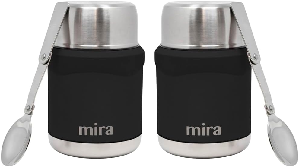 MIRA 2-Pack Food Thermo Set (15 oz) for hot and cold foods - Insulated Stainless Steel Containers with Spoons - 2 Set Black