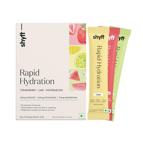 Image of Shyft Rapid Hydration - Mixed Flavours | 9 Sachets | Lime, Strawberry, Watermelon Flavour | Right sodium, potassium, magnesium mix for Instant Hydration | Absolutely no harmful chemicals