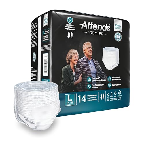 Attends Premier Adult Incontinence SmartCool® Underwear, Large (44-58'), [56 Count] - Overnight Absorbency for Men and Women, Disposable Pull-On Diapers with Tear-Away Sides, ALI-UW30