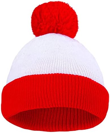CICEYET Adult Halloween Red White Beanie Waldo Hat Christmas Pom Pom Striped Knit Hat
