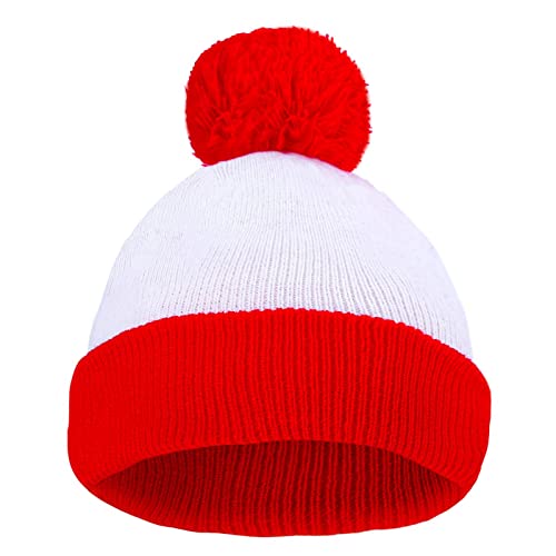 CICEYET Gorro Waldo para adultos Halloween vermelho e branco chapéu de tricô listrado com pompom de