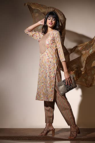 Image of Leriya Fashion Women's Kurta Pant Dupatta Set || Cotton Blend Abstract Leaf Printed Kurti Pant Dupatta Pair || Flattering Front Placket Neck Design || for Outing || Regular Wear