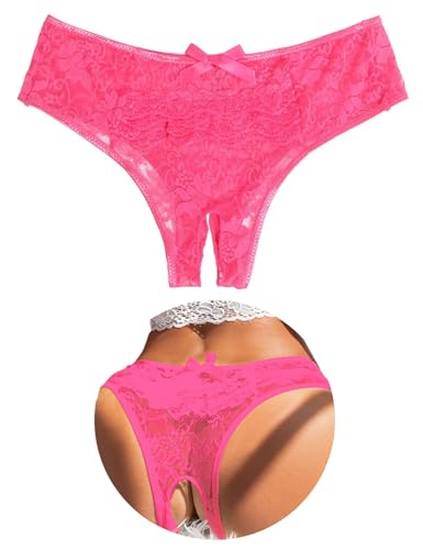 ohyeahlady French Knickers Women Plus Size Ruffled Lace Thongs Stretchy Bikini Briefs Sheer Mesh Sexy Panties Brazilian Knickers Hipster Underwear Pink Size XL