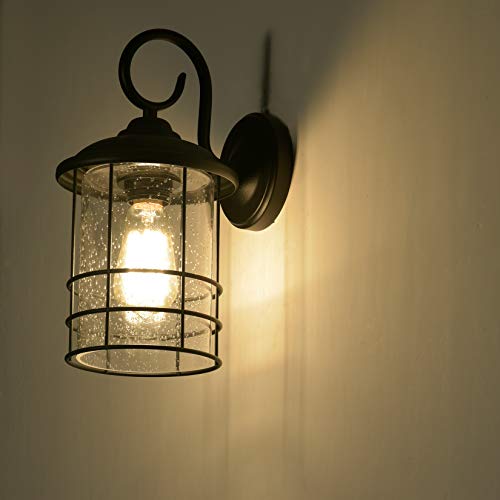 Image of MICSIU Matte Black Outdoor Wall Lantern 2-Pack Rustic Farmhouse 12.25 inch | Anti-Rust Exterior Wall Sconce with Clear Seedy Glass, Waterproof Outside Light Fixtures for Front Porch, Garage, Entryway