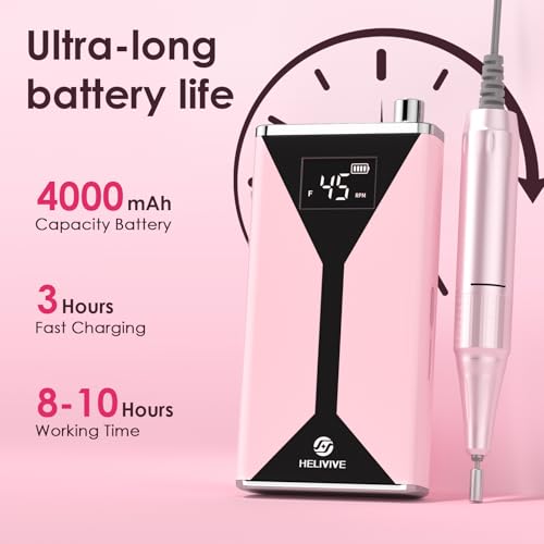 HELIVIVE Professional Electric Nail Drill 45000RPM (Portable & Rechargeable) (with 11 Drill Bits ) Cordless Nail File Machine for Shaping, Polishing & Removing Gel Nails for Salon Home (Pink) — view 3