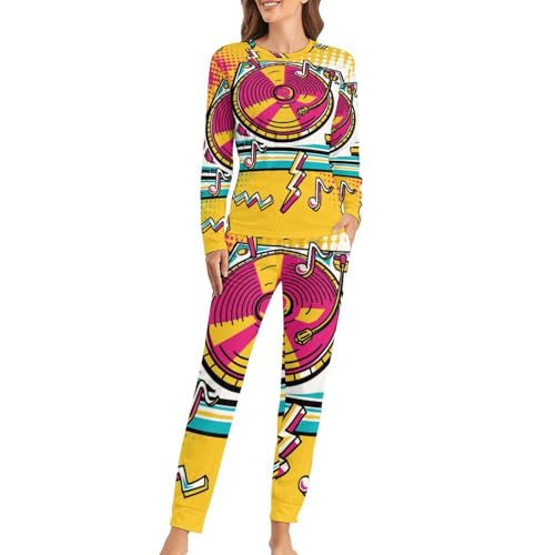 Pyjama Femme Lecteur De Disques en coton avec t-shirt manches longues et pantalon fluide