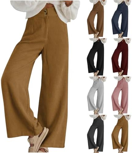Wide Leg Corduroy Pants Women Baggy Pants Casual Button Zipper High Waisted Trousers Trendy Loose Comfy Fit