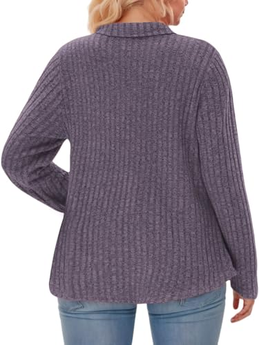 Image of VISLILY Womens-Plus-Size-Tops Collared V Neck Polo Shirts Lightweight Long Sleeve Sweaters Trendy Pocket Decor Tunic Blouses