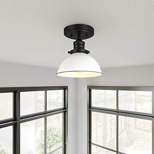 Image of Design House Savannah Rustic Farmhouse Ceiling Light, Semi-Flush Mount, Dimmable, White Metal Shade, Matte Black, 8 in x 8 in x 9 in, 588319
