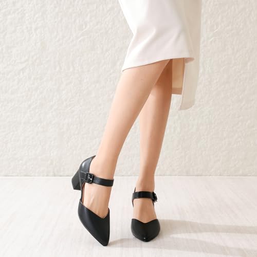 Image of RIBONGZ Comfortable Kitten Heels for Women Pointed Closed Toe Ankle Strap Buckle Heels Slip on Low Heel Church Pumps Wedding Bridal Party Dressy Shoes