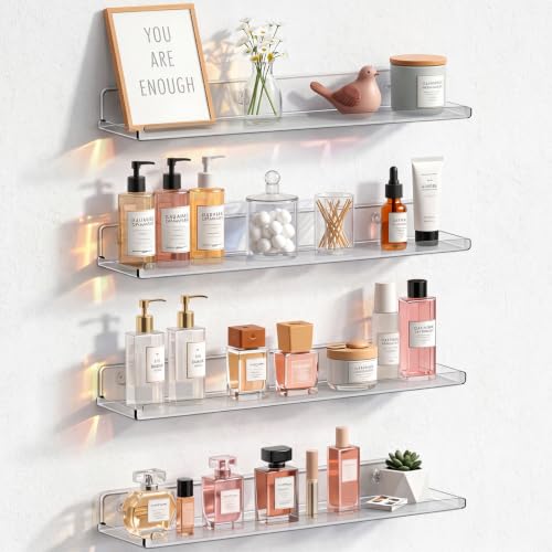 Image of Lifewit Acrylic Floating Shelves for Bathroom 14 inch Clear, 4 Pack | Wall Mounted Display Shelf for Makeup, Skincare, Nail Polish, Book, Perfume Organizer for Bedroom, Living Room, Nursery Decor