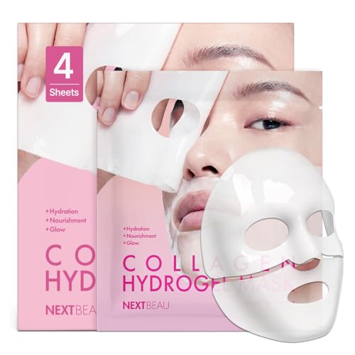 NEXTBEAU Collagen Hydrogel Face Mask with Hydrolyzed Collagen, Hyaluronic Acid, Niacinamide & Peptides for Deep Hydration and Smooth Skin (Pack of 4, 34g Each / 1.19oz)
