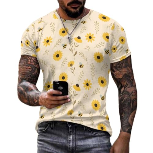 GJFDGJDJ Soft Men's Crew Neck All Over Print Fashion Tee Cool Daily Wear Yellow Sunflower and Bumble Bee Pattern Tee L