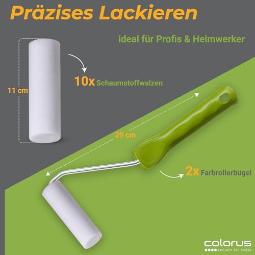 Colorus Lackierset 10 x Schaumwalze 11 cm fein gerade | 2 x Farbroller Bügel | 2 x Farbwanne | Malerset Lackierwalzen Lackierrolle Schaumstoff Rollen | Bügel Farbrollen Set klein| Lackwanne Set