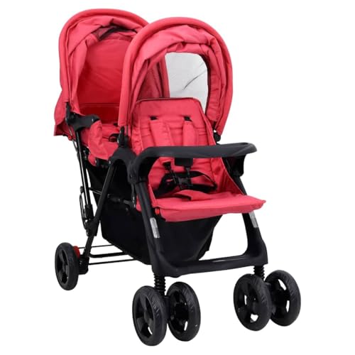 vidaXL Geschwisterwagen Klappbares Design Zwillingswagen Kinderwagen Baby Kinder Buggy Zwillingsbuggy Kinderbuggy Reisebuggy Rot Stahl