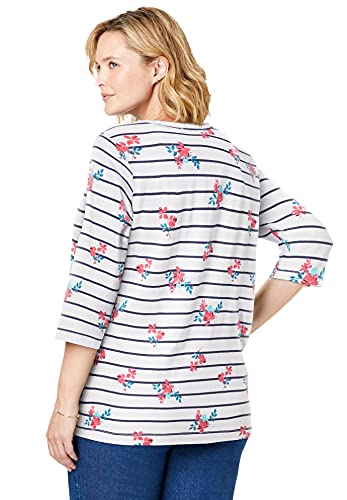Woman Within Women's Plus Size Perfect Printed Three-Quarter Sleeve V-Neck Tee Shirt - 38/40, Navy Offset Dot Blue #TOP2