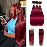 99j Burgundy Human Hair Bundles With Closure 10A Brazilian Straight Bundles Human Hair With 4x4 Lace Closure 20 22 24+20 Free Part Wine Red Colored Bundle and Closure