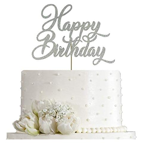 AMINJIE Happy Birthday Cake Topper - Birthday Party Decorations, Double Sided Silver Glitter Cover