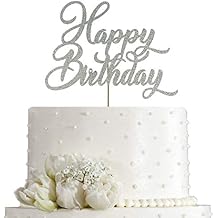 Happy Birthday Cake Topper - Birthday Party Decorations, Double Sided Silver Glitter