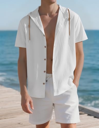 Men's Cotton Linen Shirts Short Sleeve Casual Sweatshirts Button Down Summer Beach Shirts with Hoodies2
