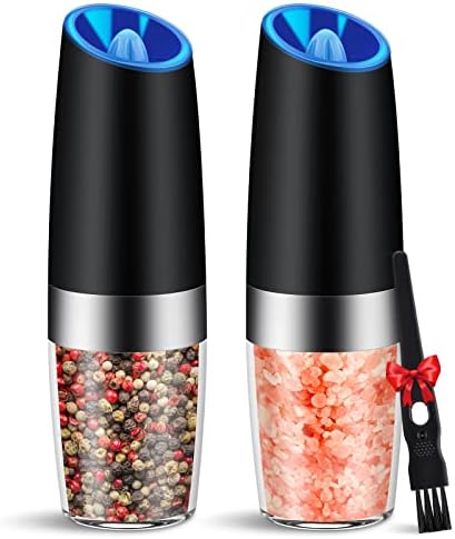 2Pcs Gravity Electric Salt and Pepper Grinder Set, Battery Powered LED Light One Hand Automatic Operation, Adjustable Coarseness Mill Grinders Shakers Black, Kitchen Gadgets Gift Ideas