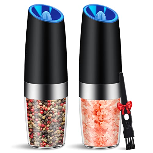 2Pcs Gravity Electric Salt And Pepper Grinder Set, Battery Powered Led Light One Hand Automatic Operation, Adjustable Coarseness Mill Grinders Shakers Black, Kitchen Gadgets Gift Ideas #TOP23