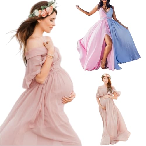 Beach Vacation Clothes for Women,Maternity Lace Dress for Photoshoot Off Shoulder Gown Pregnancy Dresses for Photography,Mermaid Gown Off Shoulder Dropped Sleeve Beach Fashion Pink-a