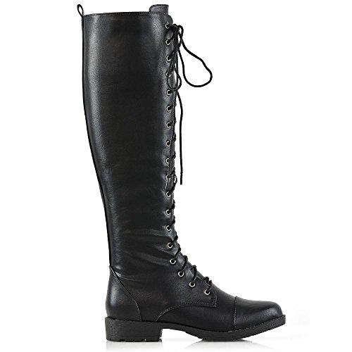 Essex Glam Womens Knee High Boots Lace Up Zip Black Synthetic Leather Calf Combat Army Boots 9 B(M) Us #TOP2