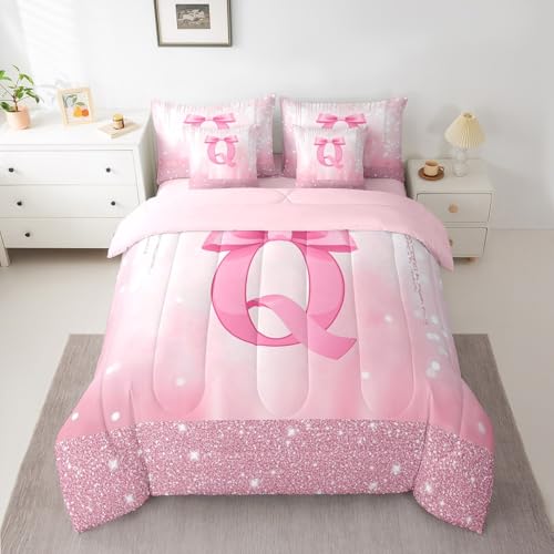 Image of Feelyou Boys Girls Pink Bowknot Comforter Set with Sheets Full Size, Personalized Initial 7 Pieces Bedding Set Princess Glitter Bed in A Bag Kids Bow Monogrammed Teens Bed Set Bedroom Decor 7Pcs